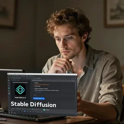 Image of a man trying to understand how to use Stable Diffusion bot, detailed digital art