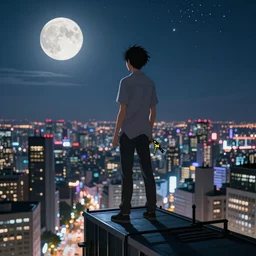 anime key visual, pov standing atop a skyscraper overlooking city at night, full moon and stars visible, colourful, high quality, hyperdetailed, hyperrealistic, anime style, 4 k hd, ray tracing, rtx