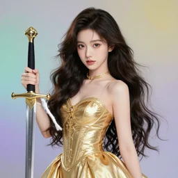 highly detailed portrait girl in futuristic luxurious golden dress holding a ceremonial sword, long curvy hair, colourful palette, pretty face, cute face, symmetrical face, intimidating expression, red eyes, anime by greg rutkowski rossdraws makoto shinkai, intricate details, adobe illustrator, trending on pixiv, behance