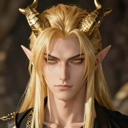 adult male elf ; 2 5 years ; sharp effeminate face ; elf ; clean shaven ; long golden hair ; golden horns ; patches of scales ; pointed ears ; in the style of death note ; trending on artstation ; cinematic ; high detail ; digital art ; anime key visual ;