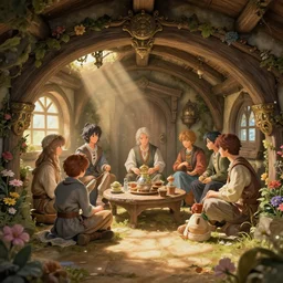 a gathering inside a medieval hobbit house, ornate, beautiful, atmosphere, vibe, flowers, concept art illustration, color page, 4 k, tone mapping, doll, akihiko yoshida, james jean, andrei riabovitchev, marc simonetti, yoshitaka amano, digital illustration, greg rutowski, volumetric lighting, sunbeams, particles