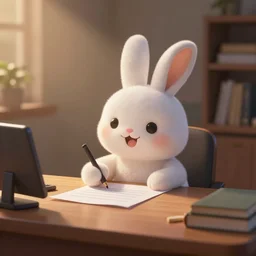 a cute happy cartoon rabbit at a desk writing on a paper by mcbess