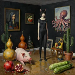 realistic painting of a flooded artist's apartment and a tall emo catgirl, assorted gourd sculptures, a pig, an octopus reaching out from inside paintings on black walls, pomegranates, cactus, octopus, courgettes, 1 6 mm, berries, zen, sensual, surrealist painting by magritte and rousseau and monet