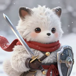 whimsical fluffy warrior of hiyabusa square, scarf, sword and shield, close up, details, snowing, sharp focus, elegant, highly detailed, illustration, by jordan grimmer greg rutkowski wlop maya takamura, intricate, trending artstation, pixiv, digital art
