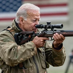 joe biden holding a sniper rifle and aiming it, ghilli suit, epic movie poster