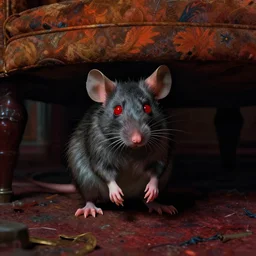 cinematic colorful horror artwork by artgerm, beksinski, mark brooks ; real life full portrait of ugly furry mouse, red eyes, crouching under couch at living room ; dark ominous scary, 8 k hdr, creepy intricate ; volumetric dramatic lighting, insanely detailed, haunting