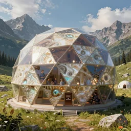 detailed nacreous hard shell geodesic dome spacecraft in a picturesque mountain meadow. mathias kollros mark winters villeneuve lie setiawan lius lasahido manuel castanon. portrait vivid intricate vibrant elaborate inks unreal engine render.