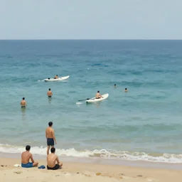 Hot sunny beach seeing lots of people swimming and paddling in the sea, painted in a loose painterly style