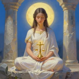a beautiful serene high priestess sits between moonstone pillars in quiet contemplation holding the divine law in her lap, 8 k resolution digital painting, vibrant colors, by michael whelan, by alena aenami, behance hd, trending on artstation deviantart