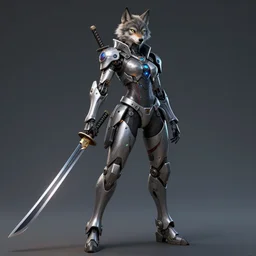 a full body character portrait of female anthropomorphic humanoid wolf combat android posing with a oversized katana in the style of cyberpunk in the style of syd mead trending on artstation deviantart pinterest detailed realistic hd 8 k high resolution