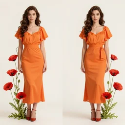 a beautiful orange woman, symmetrical portrait, realistic, full body, red poppies, vine twist, rich details, nuclear sunset, 8 k, volumetric lighting, by wlop