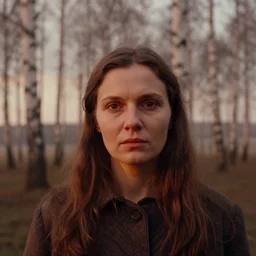 close up portrait of woman, solemn expression, faded color film, russian cinema, tarkovsky, kodachrome, heavy birch forest, long brown hair, old clothing, medium fog, shallow depth of field, atmospheric haze, brown color palette, sunset, low light, dramatic lighting