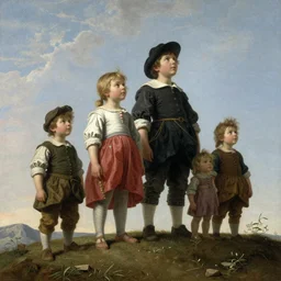 concept art, the kids and family standing at hill looking forward and hope, fine detail, trending on artstation, by adriaen van ostade