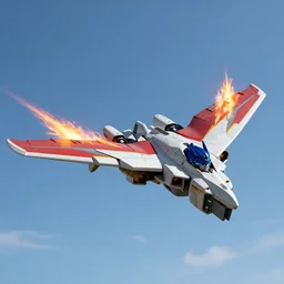 Flight shot of Jetfire from Transformers on a clear sunny day with a blue sky, Transformers Armada, Unicron Trilogy, Jetfire, Skyfire, Battroid Mode, Anime, Robots, Robot, Robot Mode, 8k, ultra realistic, illustration, splash art, Sakuga, robot mode, rule of thirds, good value control
