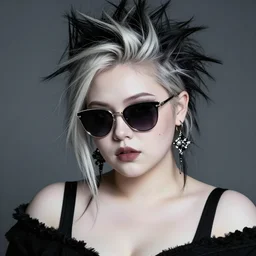 realistic high key portrait photo of a beautiful chubby curvy pale alabaster goth girl with asymmetrical punk rock hair and badass euro design sunglasses. mole on cheek. half portrait by stanley artgerm, dramatic lighting, by tohuvabohu, nagel, shin jeongho, nick silva and ilya kuvshinov, deviantart, detailed character design, 8 k resolution