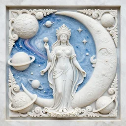 intricate colourfully painted carved Soapstone relief paneling, white and pale blue , celestial, cosmos, galaxies, planets, divinity, moon goddess, mother earth, Earth Goddess mythology, Gaia, angels, divinity, Ghostly, crystaline celtic, insanly detailed , artstation, wallpaper, hyper realistic, realistic lighting