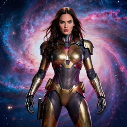 movie still frame, megan fox in bio - armor in epic pose, a psychedelic nebula in the background, beautiful composition, 8 k, cgi, by ridley scott, zack snyder and michael bay
