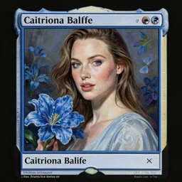 a beautiful painting of Caitriona Balfe with blue flowers, Magic the Gathering card art style