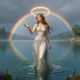 the goddess of the lake, stand in the middle of lake, halo in the hand, highly detailed, d & d, water everywhere, rainbow across the lake, fantasy, highly detailed, digital painting, trending on artstation, concept art, sharp focus, global illumination, ray tracing, illustration, art by artgerm and greg rutkowski and fuji choko and viktoria gavrilenko and hoang lap