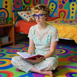 klimt style sally hawkins short shaggy asymetrical haircut and blue frame glasses, dressed in lace, sitting  over a colorful and bright trippy victor moscoso floor . lsd colorful bedroom, diary on her hand