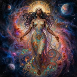 highly detailed digital painting of a black female celestial being experiencing nirvana in space, colorful nebulas and planets in the background, highly detailed, intricate design, cinematic view,  8k resolution,  artstation,   by Akihiko Yoshida, Alphonse Mucha, and Krenz Cushart