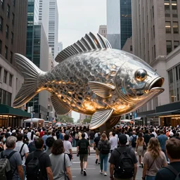 a photograph of a giant metallic fish sculpture in the center of a new york street, a large crowd have gathered, by Claes Oldenburg and jeff koons, pop art, 3D render, Volumetric dynamic lighting, Highly Detailed, Cinematic Lighting, Unreal Engine, 8k, HD