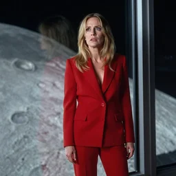 a medium full shot detailed portrait photograph by annie leibovitz of deborah ann woll looking anxious in a tailored red suit standing next to a plate glass window. outside we see the surface of the moon. sci fi, futuristic, cinematic, soft lighting, sci fi, bladerunner, canon eos r 3, f / 3, iso 2 0 0, 1 / 1 6 0 s, 8 k, raw, unedited