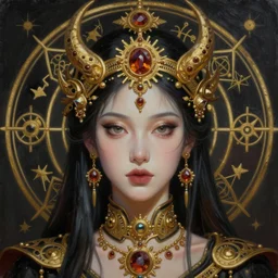 hyper realistic painting portrait of raver queen, occult diagram, elaborate details, detailed face, intrincate ornaments, gold decoration, occult art, oil painting, art noveau, in the style of roberto ferri, gustav moreau, jean delville, bussiere, saturno butto