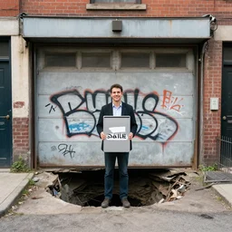 an estate agent photo of a garage for sale, graffiti, run down, inner city, 1 9 2 0 s, sinkhole