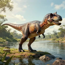 a spinosaurus overlooking a river, high detail