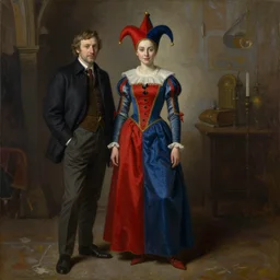 Richard Schmid and Jeremy Lipking full length portrait painting of a young beautiful medieval jester woman