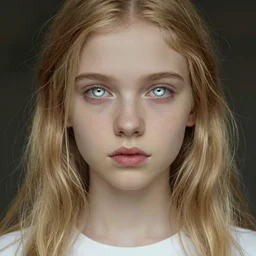 portrait of 1 6 - year - old woman with dirty blonde hair down to her waist, pale eyebrows and protuberant silver eyes, wearing white shirt, hyper realistic face, beautiful eyes, close up, fantasy art, in the style of greg rutkowski, intricate, alphonse mucha, hyper detailed, smooth