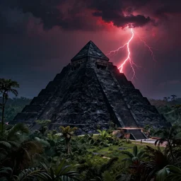 huge black obsidian pyramid!! in a jungle by eugene von guerard, ivan shishkin, night, red lightning!!, night!, dramatic lighting, concept art, trending on artstation, 8 k