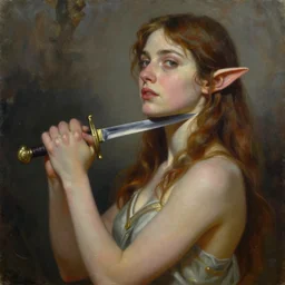 painting of a beautiful young elf woman holding a dagger to her throat by tom bagshaw