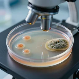 photo of petri dish with a fungal cultures and bacteriological culture and mold with little filaments under the microscope, octane render, tilt shift, bokeh background, polaeized light, science magazine, smooth, ultrasharp focus, unreal engine 5, hyperrealism, 4 k