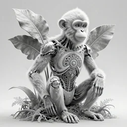 bw 3 d render, hyper detailed, stunning beautiful biomechanical albino monkey cyborg with a porcelain profile face, angelic, beautiful natural soft rim light, big leaves and stems, roots, fine foliage lace, alexander mcqueen, studio ghibli, herge, art nouveau fashion embroidered, steampunk, silver filigree details, hexagonal mesh wire, mandelbrot fractal, anatomical, elegant, volumetric lighting, 8 k