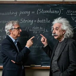 string theory formula battle on a chalkboard between michio kaku and albert einstein on ancient aliens show, featured on artstation, featured on pixiv, rule of thirds composition, cinematic dynamic lighting, hyper realistic, hyper detailed, photo realism, sharp focus, 4 k, 8 k