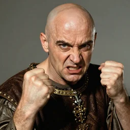 portrait of glamorous bald medieval man with big nose and annoyed gesture,look of hate, threatening pose, 1940s propaganda poster, full hd,highly detailed