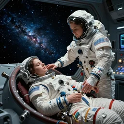 Two women sitting at the helm of a spaceship, one's asleep and the other one is standing over her, reaching over with her hands,endless space behind them.