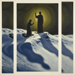 ancient beings, snow, by gediminas pranckevicius, dark shadows, woodblock, complementary - colors, olive oil, creme brule, poster, polished, discovering enlightenment, by james gilleard