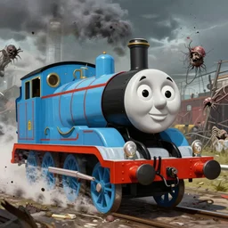 zombie apocalypse thomas the tank engine, monumental dynamic illustration, fantasy art, illusion surreal art, highly conceptual figurative art, intricate detailed illustration, controversial poster art