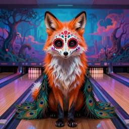 a photorealistic portrait of dia de los muertos sugar skull fox character wearing long fluffy furs, themed on a peacock, painting by jeff easley, stylized, neon, black velvet, bowling alley carpet, dnd beyond, fae wilds sky