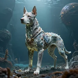 biblical diabolical bautiful cyborg dog with glowing veins, intricate detailed porcelain armor, ocean on alien planet titan, underwater photography, by gerald brom, by mikhail vrubel, by peter elson, muted colors, extreme detail, trending on artstation, 8 k