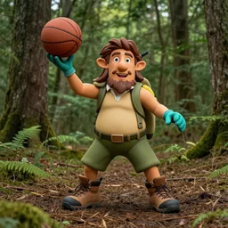 a hobbit wearing hiking boots and teal gloves playing basketball in a forest, by beeple