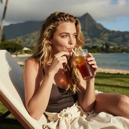 anna kendrick sipping an iced tea sunbathing in hawaii
