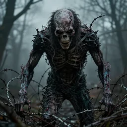 the creature was made of barbed wires, and it was hungry for human flesh. it would lurk in the shadows, waiting for its next victim.