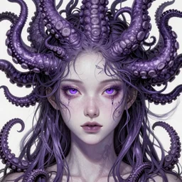 purple - eyed girl with tentacles on her head, photo - realistic, face enhanced, detailed and intricate by alex grey, lisa frank, ayami, kojima, amano, karol bak, greg hildebrandt, mark brooks, beksinski, takato yamamoto