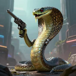 reptilian alien with the head of a cobra holding a gun, digital art, trending on artstation, science - fiction, in an urban environment