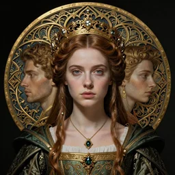 beautiful young medieval queen by james c. christensen, iris van herpen, jean delville, james jean, visionary, symbolist, face portrait, ornate gothic icon