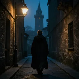 Lestat with a cloak walking alone through a dark alleyway under a street lamp towards a dark tower